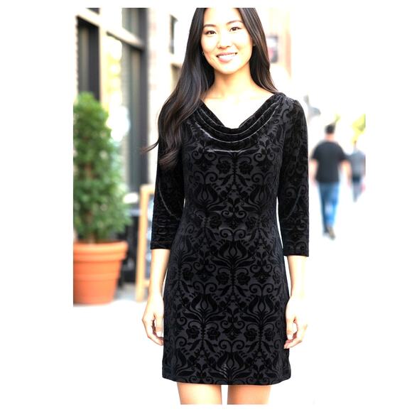 Black Velvet Burnout Top SZ LG Waterfall Neck Whimsey Goth Punk Ruby Ribbon LBD - Picture 1 of 10